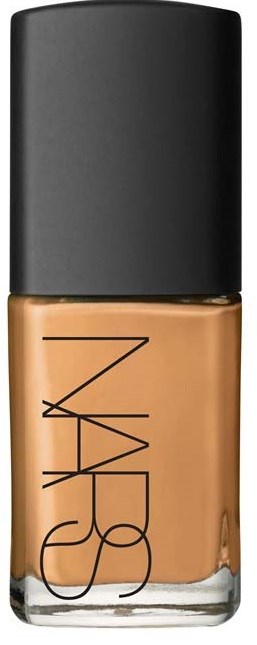 A bottle of NARS liquid foundation with a black cap and beige liquid inside.