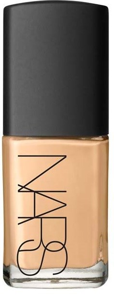 A bottle of NARS foundation with a black cap and beige liquid inside.