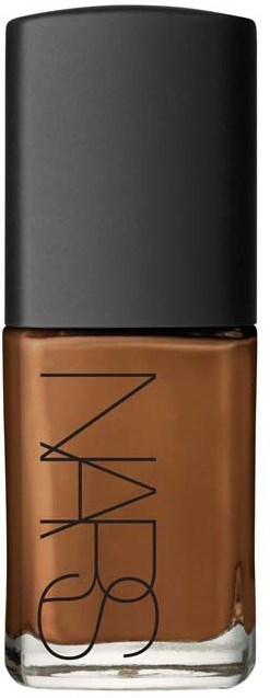 A bottle of brown liquid foundation with a black cap and NARS branding on the front.