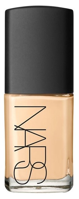 A bottle of NARS foundation with a black cap and clear glass showing the beige makeup inside.