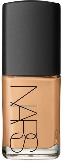 NARS liquid foundation bottle, beige color, black cap, simple design, classic makeup product.
