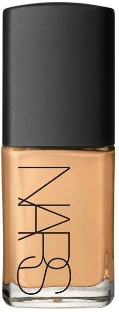 A bottle of NARS foundation with a black cap and beige liquid inside.