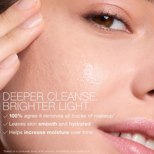 Text promoting skincare benefits with a close-up of a woman’s face, emphasizing clear, hydrated skin.