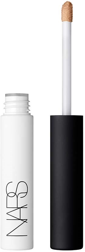 Läppglans med vit behållare och svart lock, med pensel som visar beige gloss.