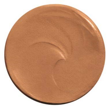 A round makeup compact with beige-colored cream inside, smooth and slightly shiny surface, no text or logos.