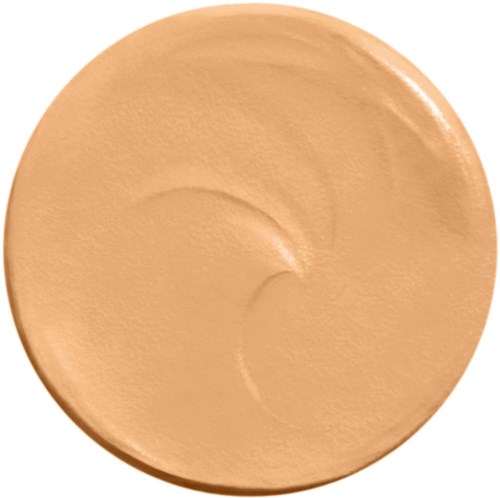 A round, beige-colored plate with a smooth surface and slightly raised edges.