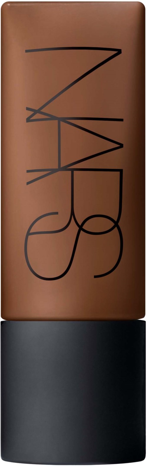 A lipstick with the brand NARS, featuring a brown ceramic case and black cap.