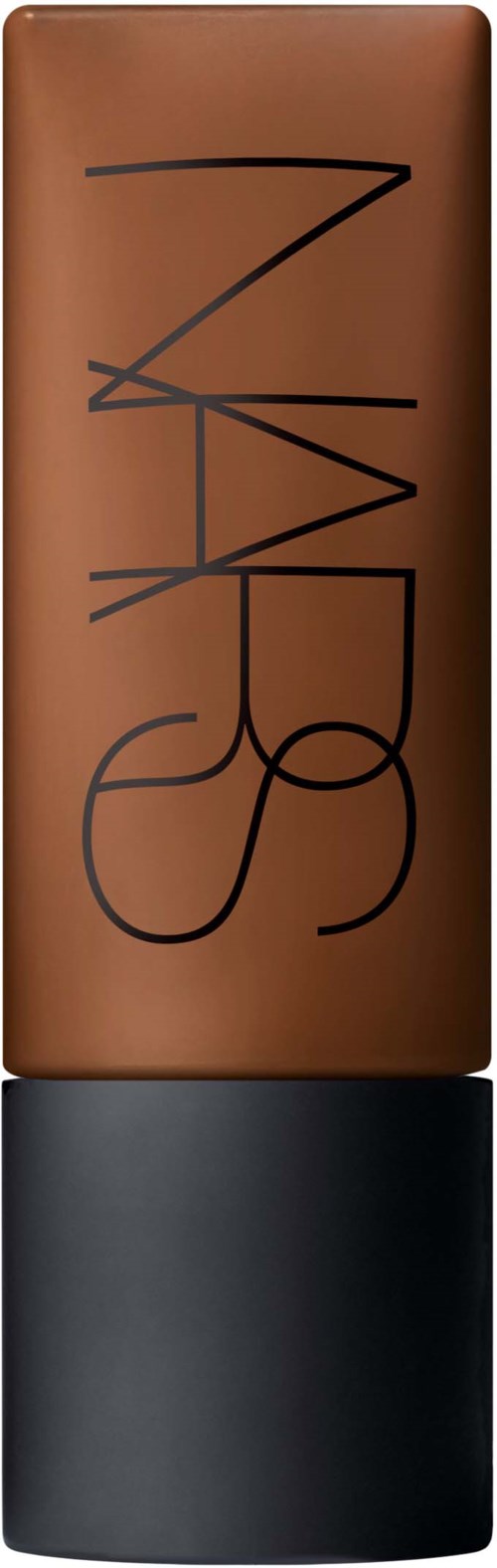 A brown lipstick tube with black geometric writing on it, standing vertically with a black cap.