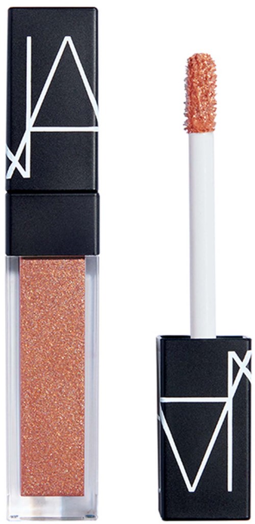 Lip gloss with a clear tube and a black cap featuring white graphics, showing a shimmery peach color.