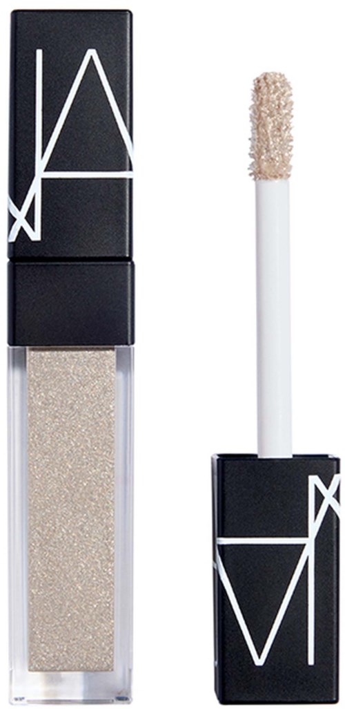 NARS liquid highlighter in a clear bottle with a black cap and white logo, and an applicator stick with a sponge tip.