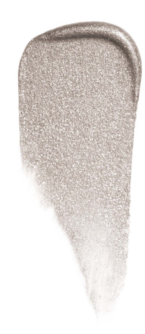 Shimmery silver eye shadow swatch in a teardrop shape with a gradient fade.