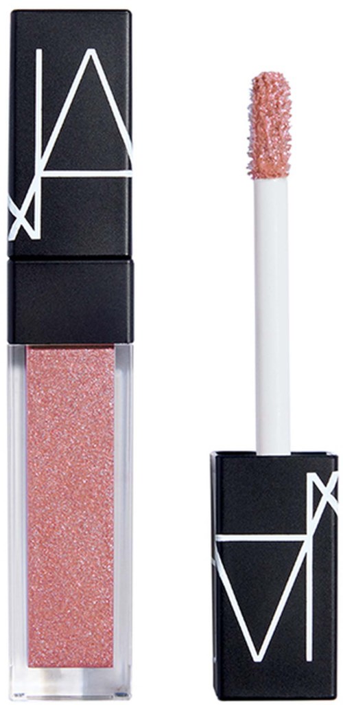 NARS pink glitter lip gloss with black and white logo packaging and applicator wand.