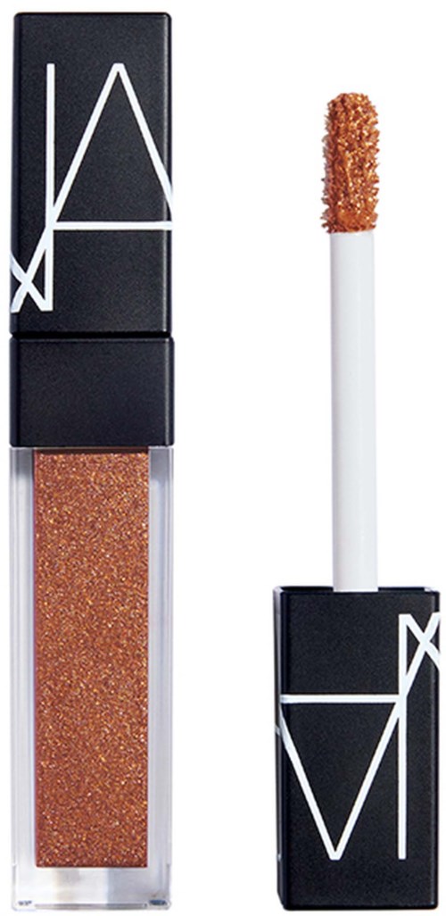 NARS lip gloss with a brownish shimmer, shown with open applicator. Black packaging with white NARS logo.