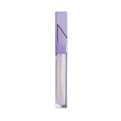 A clear lip gloss with a purple cap and shimmer inside. It appears shiny and transparent.