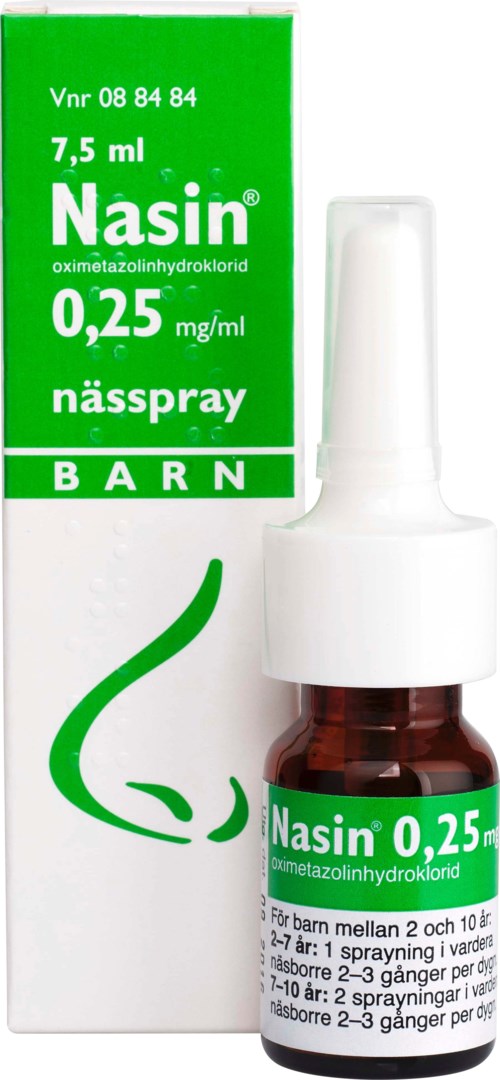 A nasal spray bottle with green and white packaging labeled "Nasin 0,25" for children, showing dosage instructions.