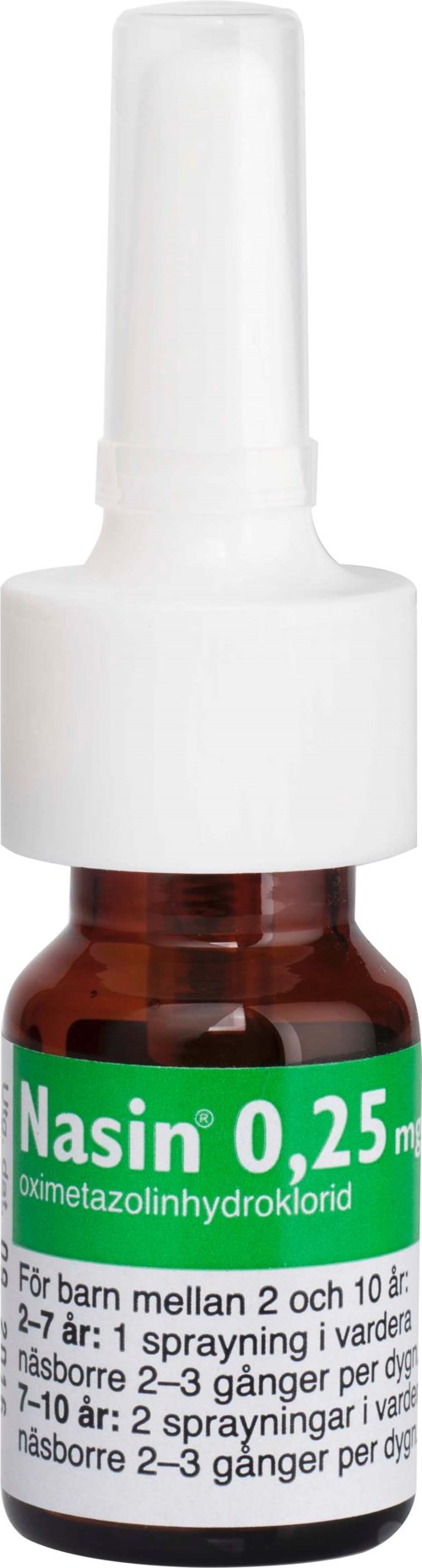 Medicine bottle with a spray nozzle and a green label for children's use, containing a nasal solution.