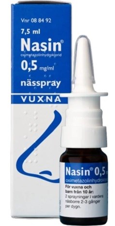 A blue and white box of nasal spray with a small bottle inside, labeled for use by children and adults.