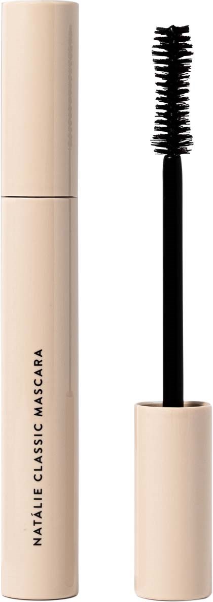 Een beige mascara-verpakking met een zwart borstelfluit. De tekst zegt 'Natalie Classic Mascara'.