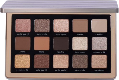 Eine Makeup-Palette mit zwölf Lidschatten in verschiedenen Farben und Oberflächen, einige matt, einige schimmernd.