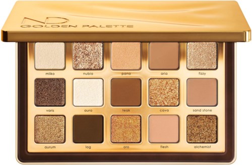 Ein Make-up-Palette mit 12 Farben in einer Goldhülle, enthält verschiedene neutrale und glitzernde Lidschatten mit Spiegel.