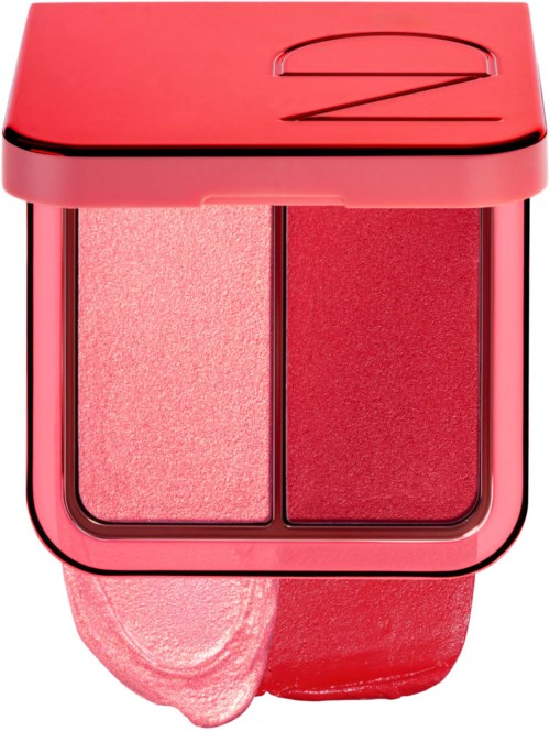 Ein Rouge-Paletten mit zwei Tönen, hellrosa und tiefrot, in einer pinkfarbenen Schachtel.
