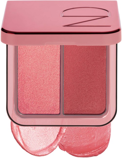 Ein rosa Rouge-Kompakt mit zwei Farbtönen, einem helleren und einem dunkleren, und Rouge außerhalb.