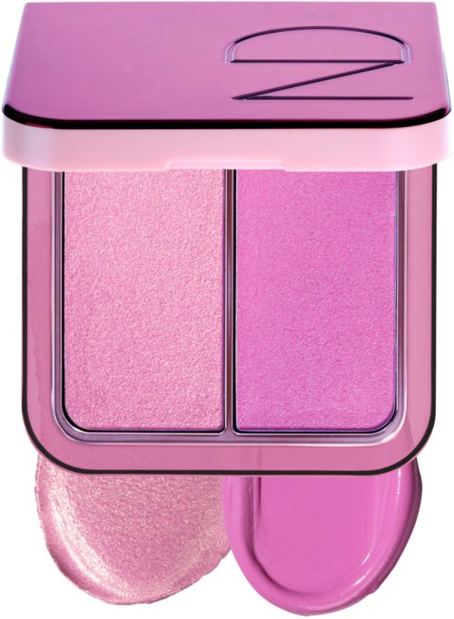 Ein rosa Make-up-Compact mit zwei Blush-Tönen und Applikator.
