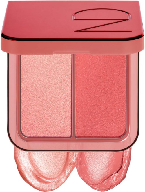Ein Make-up-Deckel mit rosa und pfirsichfarbener Rouge und einem Deckel. Zwei Rouge-Töne sind im Gehäuse.