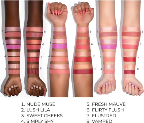 Sechs Arme zeigen verschiedene Hauttöne mit bunten Rouge-Proben in Farben wie Rosa, Mauve und Rot für jeden Hauttyp.