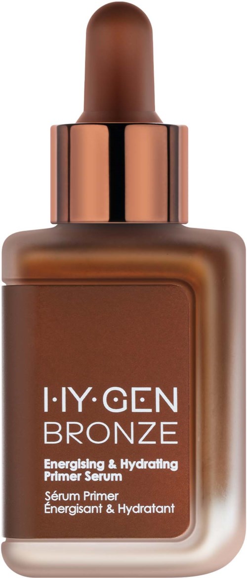 Eine braune Hautpflegeflasche mit Tropfer, gekennzeichnet ILY-GEN BRONZE, fördert belebendes und feuchtigkeitsspendendes Primer-Serum.