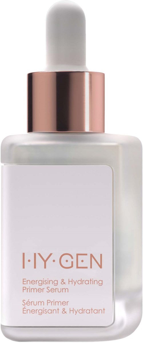 Eine weiße Flasche mit Tropfaufsatz und roségoldenem Band, beschriftet mit I-Y-GEN energisierendes und feuchtigkeitsspendendes Primer-Serum.