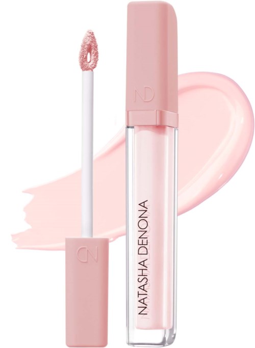 Rötlicher Lipgloss mit Applikator, Text Natasha Denona, Hintergrund mit rosa Herz.
