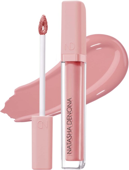 Rosa Lipgloss mit Applikator, auf einem Klecks passenden Lipgloss-Farbe.