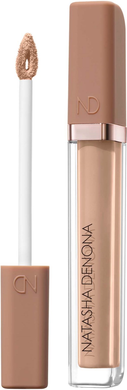 Ein beige Lipgloss mit Applikatorschwämmchen und durchsichtigem Rohr, mit Markenname Natasha Denona.