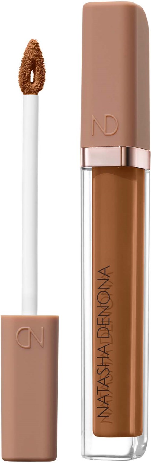 Ein Lippenstift mit beige Kappe und Applikator, beschriftet mit Markenname und Farbton.
