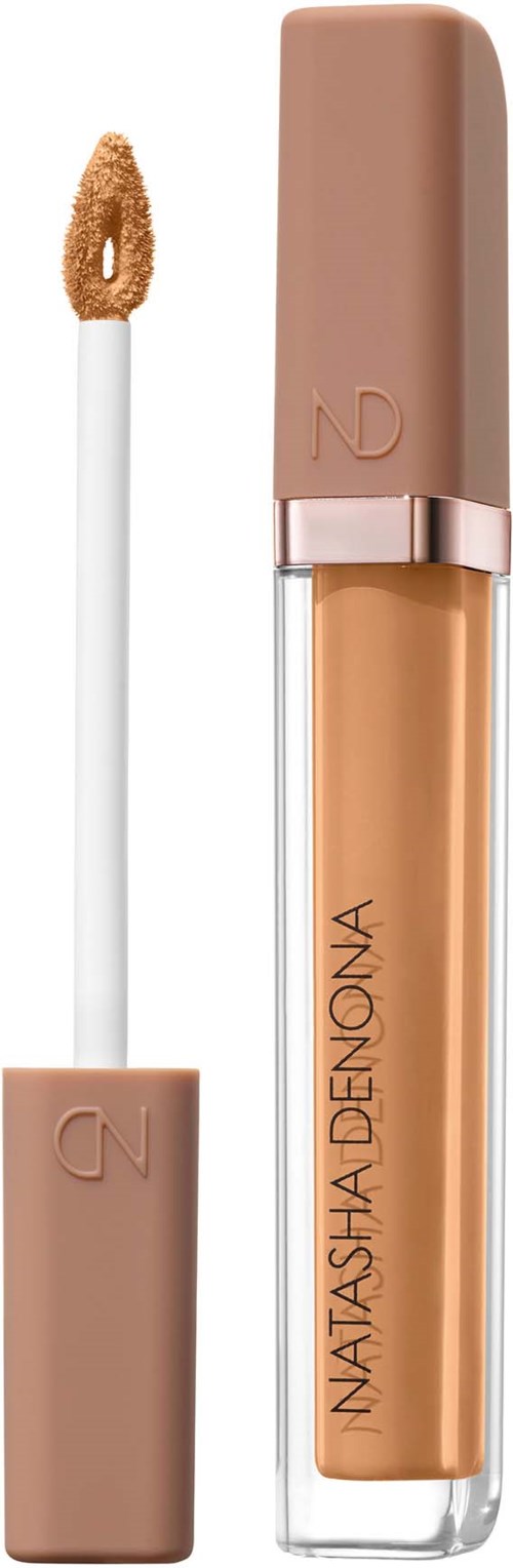Ein Lipgloss-Röhrchen mit beigem Deckel und Applikatorschwamm, beschriftet mit Natasha Denona.