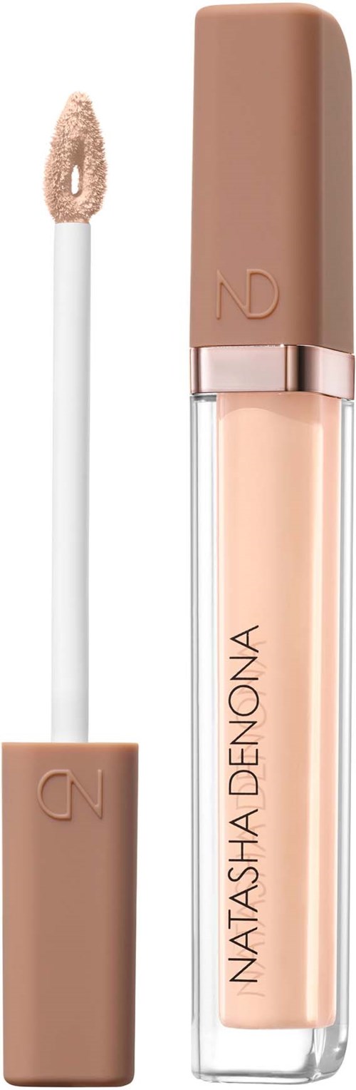Ein Lipgloss mit beiger Kappe, durchsichtigem Körper, zeigt das Produkt und den Namen Natasha Denona.