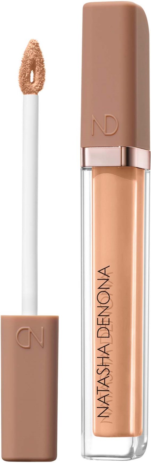 Flüssiger Concealer in einer transparenten Tube mit nudefarbenem Deckel und Applikatorschwamm.