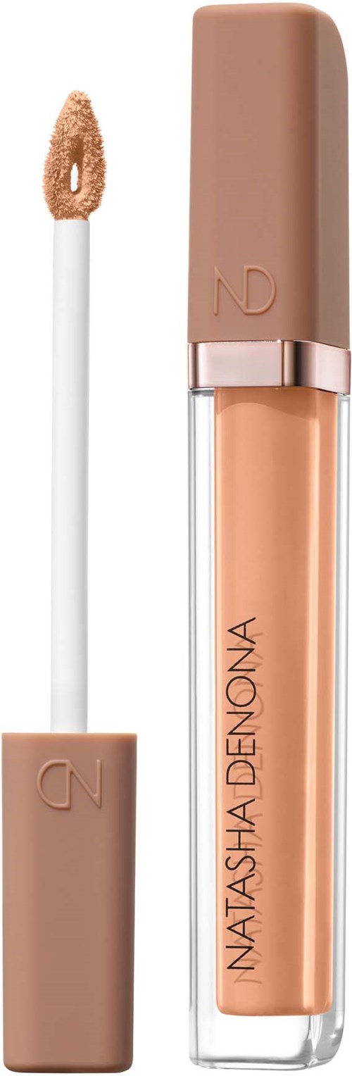 Ein Nude-Lippenstift mit transparentem Tubus und beigeem Deckel, zeigt den Namen Natasha Denona. Der Applikator liegt daneben.