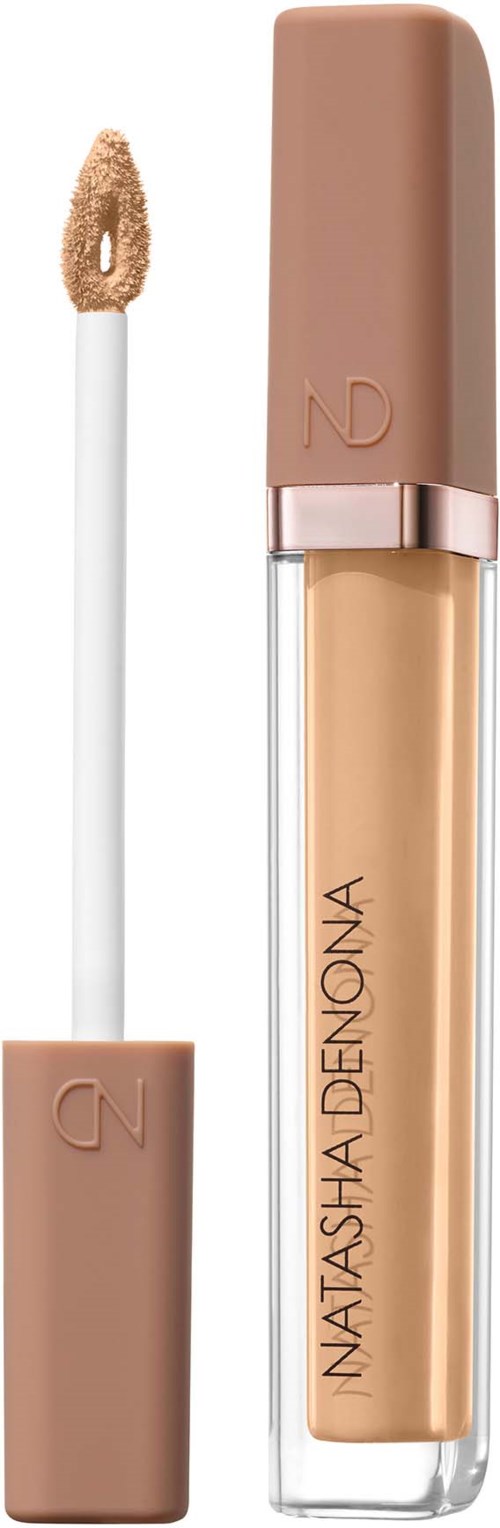 Lippen Gloss in einer durchsichtigen Tube mit beigem Deckel, mit Markennamen beschriftet. Der Applikator hat eine Schwammpalette.