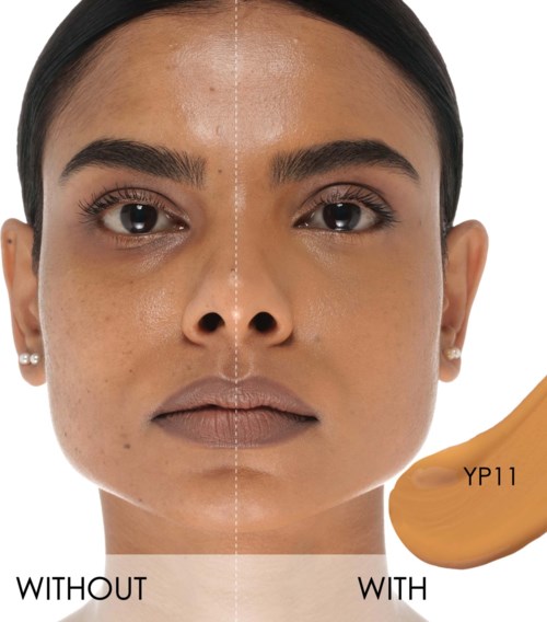 Das Bild zeigt das Gesicht einer Frau, geteilt mit und ohne Make-up oder Hautpflege, um Unterschiede zu zeigen.