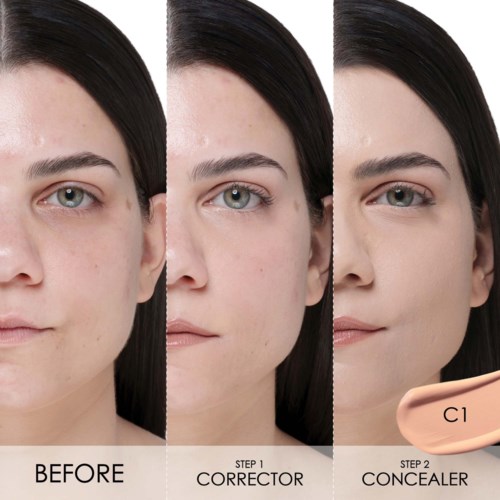 Das Bild zeigt eine Hautverbesserung, mit Vorher, Corrector und Concealer Anwendungen.