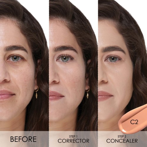 Eine Frau zeigt eine deutliche Hautveränderung durch Hautpflege-Schritte mit Bevor, Corrector und Concealer.