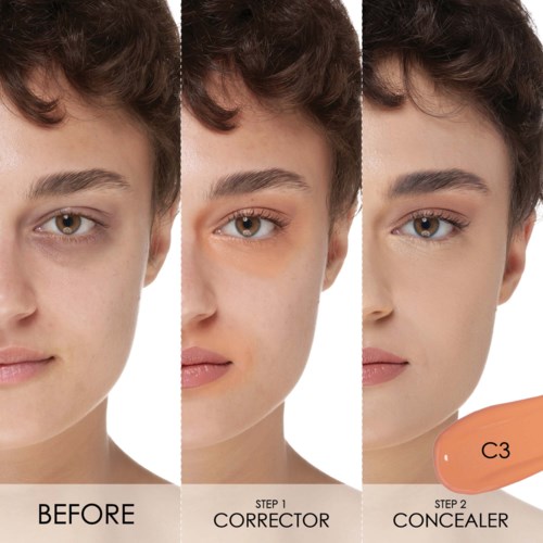 Reihe zeigt das Gesicht einer Frau vorher, mit Corrector, und mit Concealer für glattere Haut.