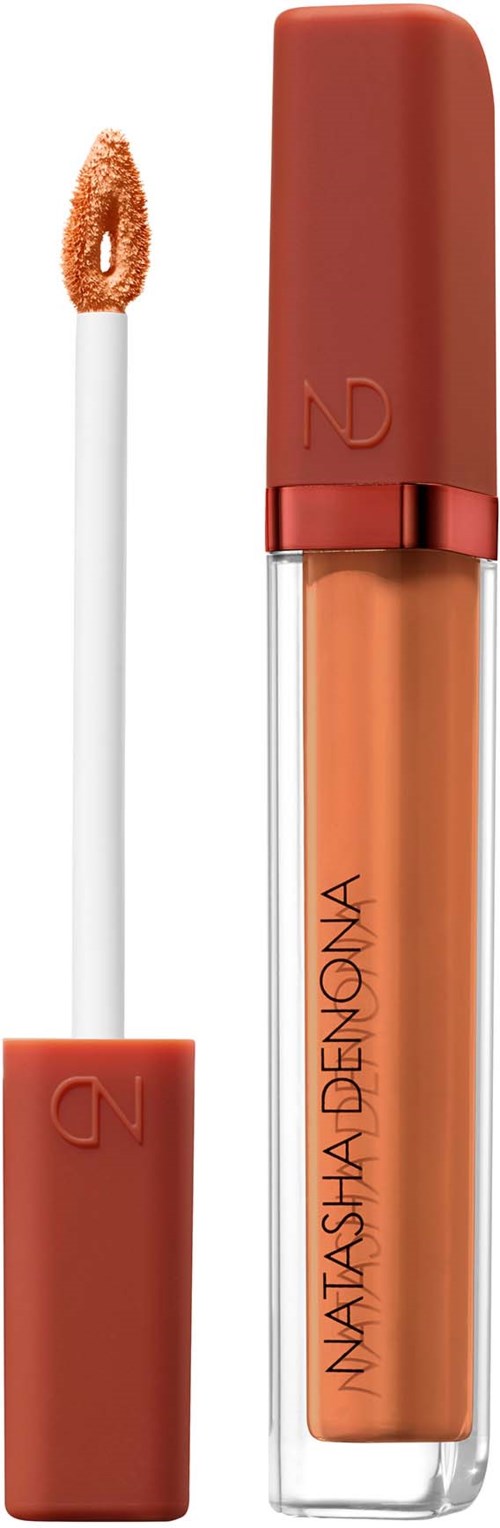 Lippenstift mit Applikatorschwamm und zurückgezogenem braun-orangen Lippenstift.