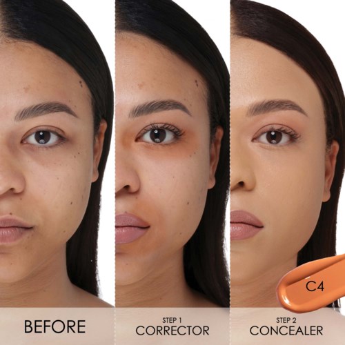 Eine Frau durchläuft drei Make-up-Schritte: vorher, mit Korrektor und mit Concealer, zeigt die Veränderung ihrer Haut.