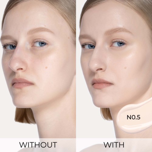 Vorher-Nachher-Vergleich eines Frauengesichts, zeigt verbesserte Haut mit Makeup oder Hautpflegeprodukt. Markiert als NO.5.