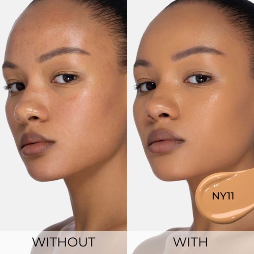 Ein Vergleich, der zeigt, wie die Haut vor und nach dem Auftragen von Foundation oder Make-up aussieht.