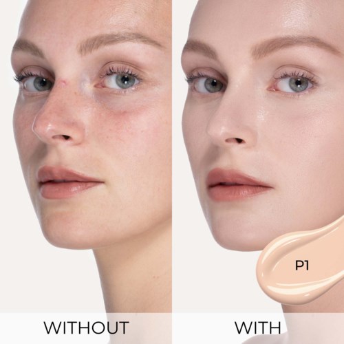 Vorher- und Nachher-Bilder zeigen klare Haut mit Make-up oder Hautpflege. Das zweite Bild hat eine leichte Foundation oder Primer.