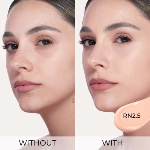Vorher- und nach Fotos zeigen Hautverbesserung mit Make-up oder Behandlung gekennzeichnet RN.5.